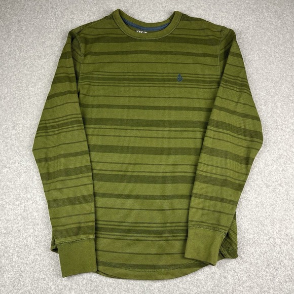 Volcom Waffle Knit Thermal Shirt Men's Size Medium‎ Green Stripes Skate Grunge - Picture 1 of 8
